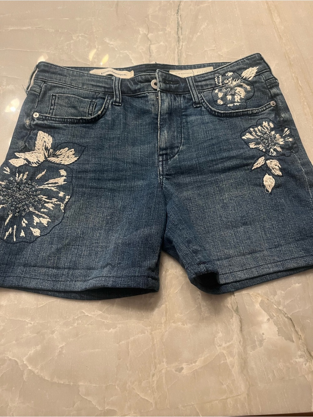 Pilcro Dark Blue Denim Shorts with White Floral Embroidery